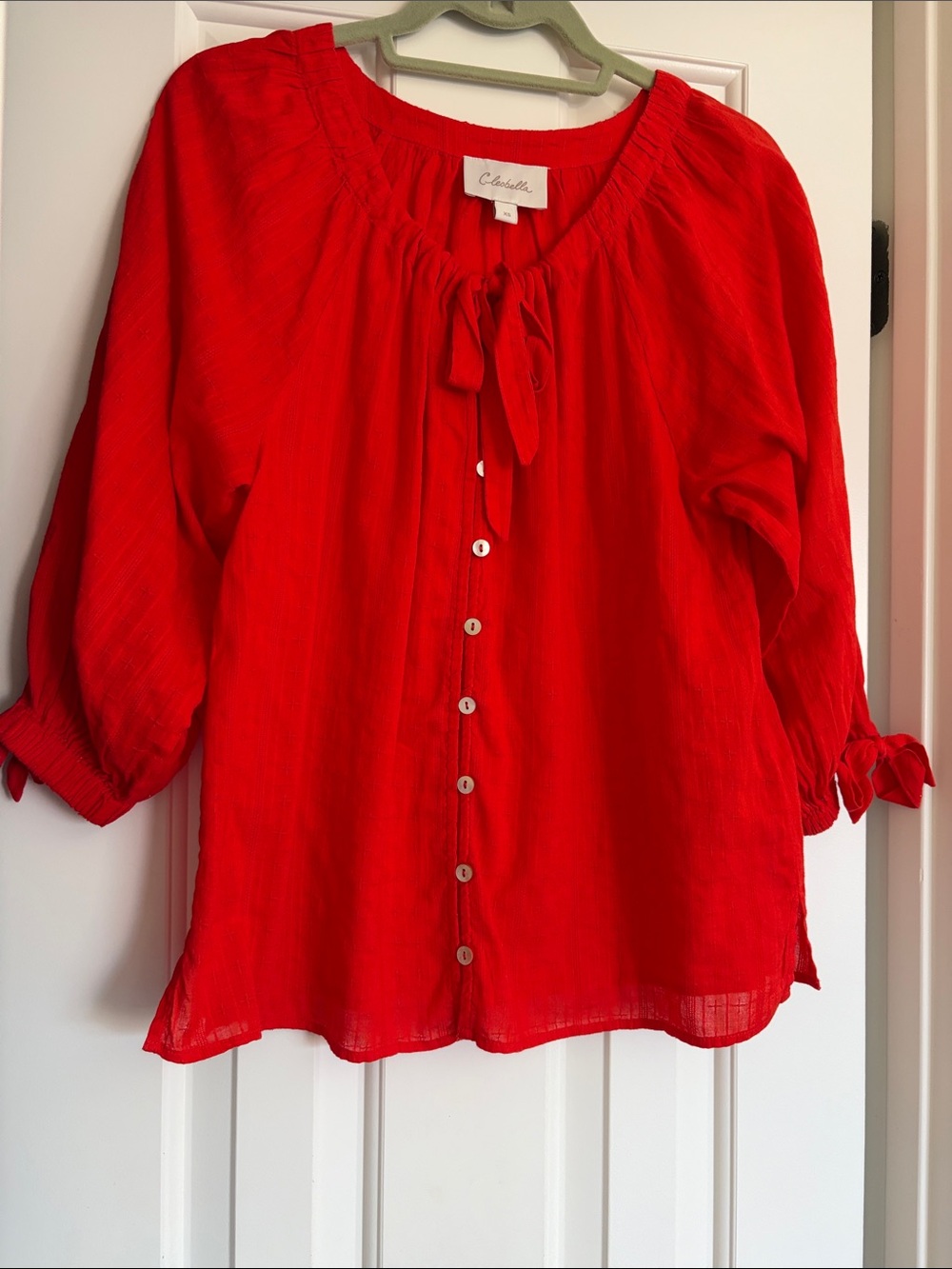 Cleobella Red Button-Front Tie-Neck Blouse
